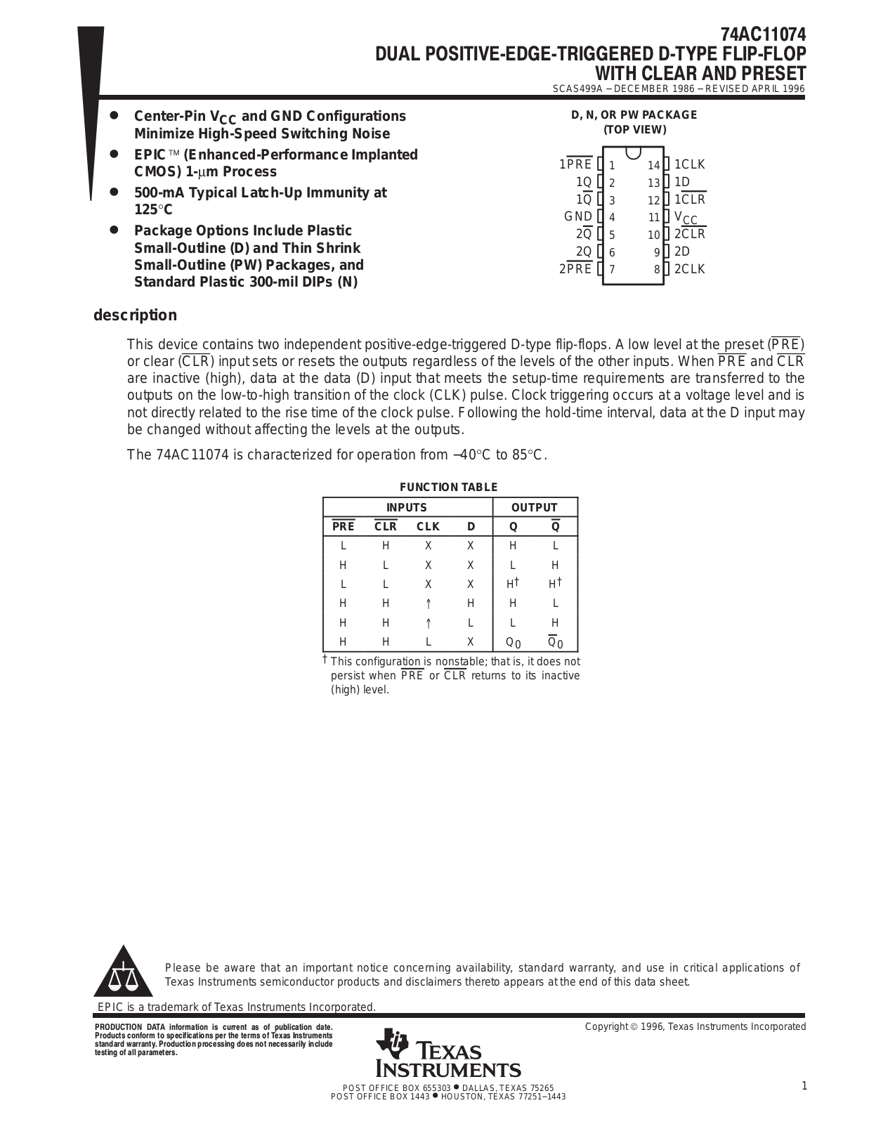 TEXAS INSTRUMENTS 74AC11074 Technical data