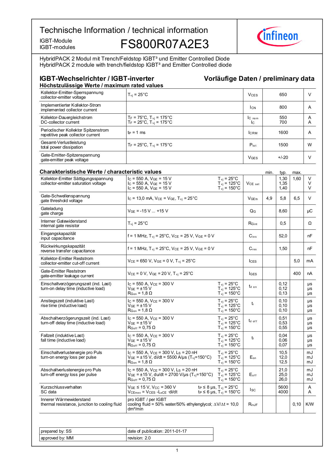 Infineon FS800R07A2E3 Data Sheet