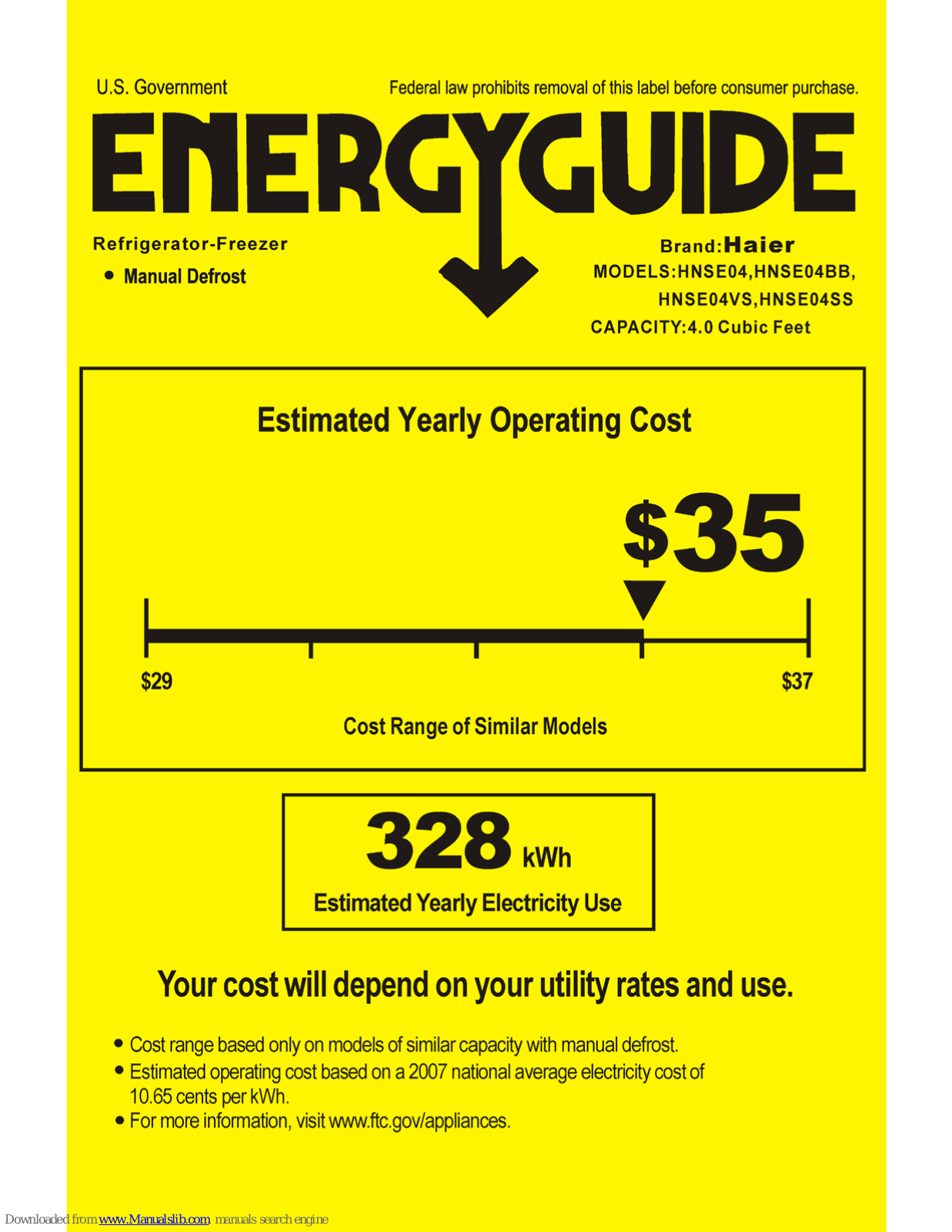 Haier HNSE04, HNSE04BB, HNSE04VS, HNSE04SS Energy Manual