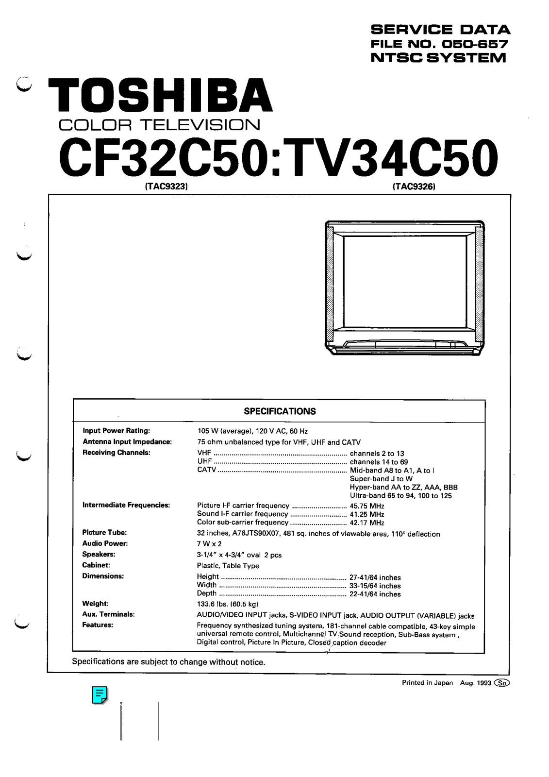 Toshiba CF32C50 (TAC9323), TV34C50 (TAC9326) Schematic