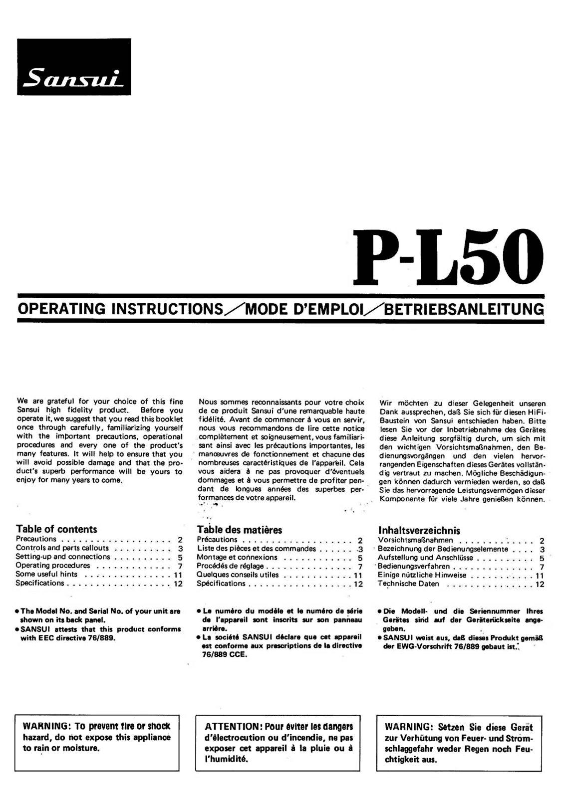 Sansui P-L50 Owners Manual