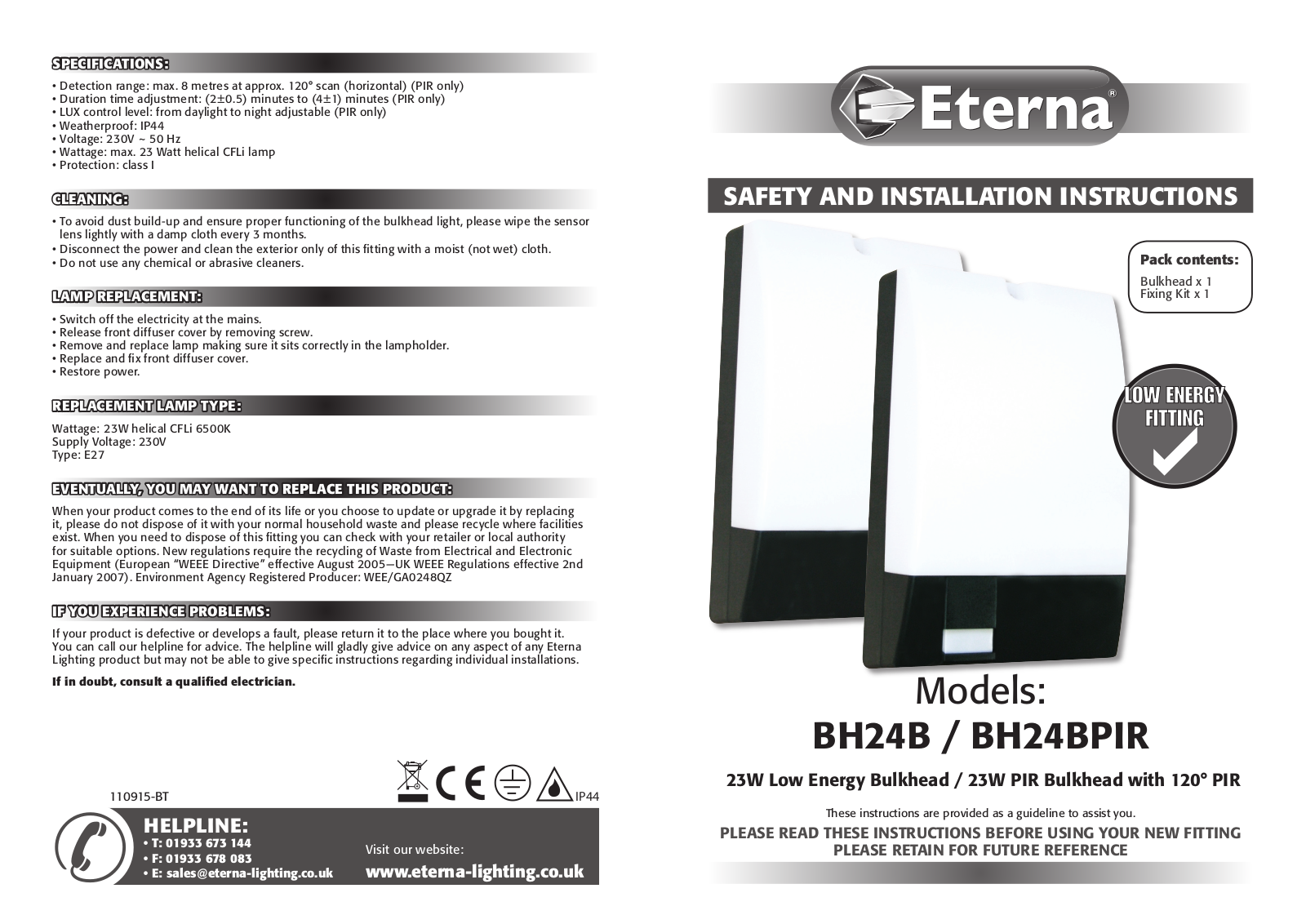 Eterna BH24B, BH24BPIR Installation Instructions