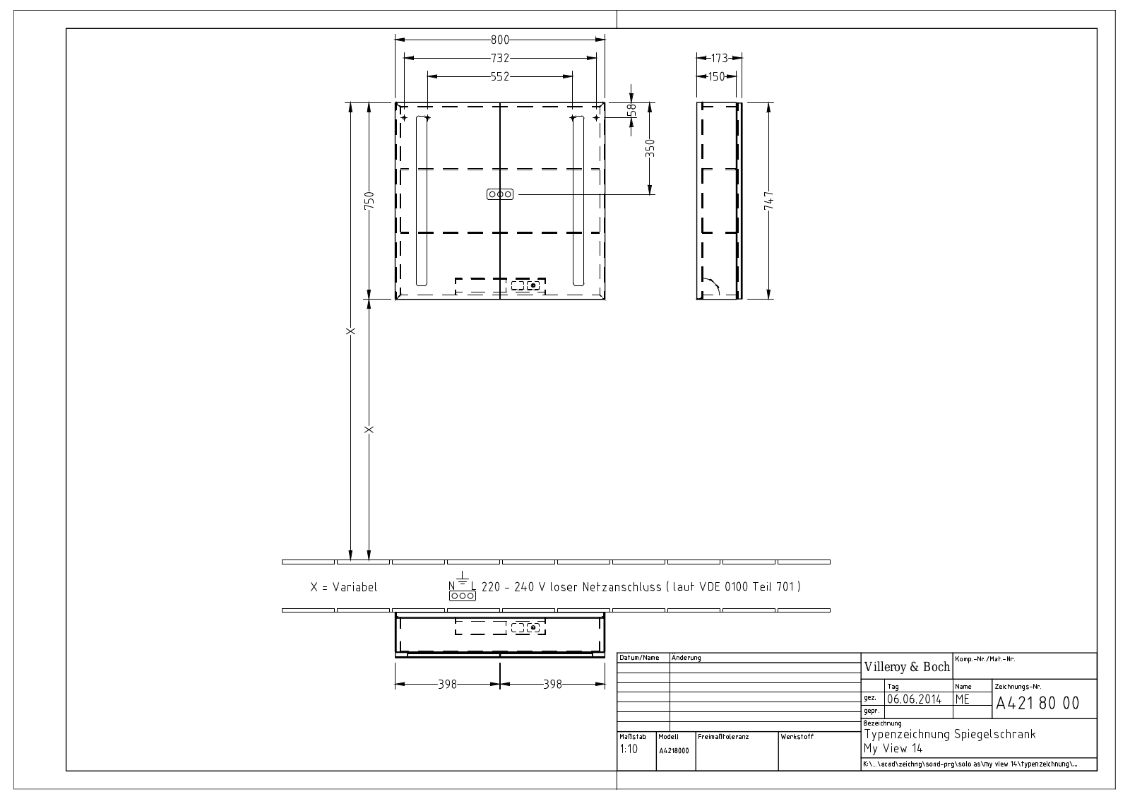 Villeroy & Boch A421 Technical drawing