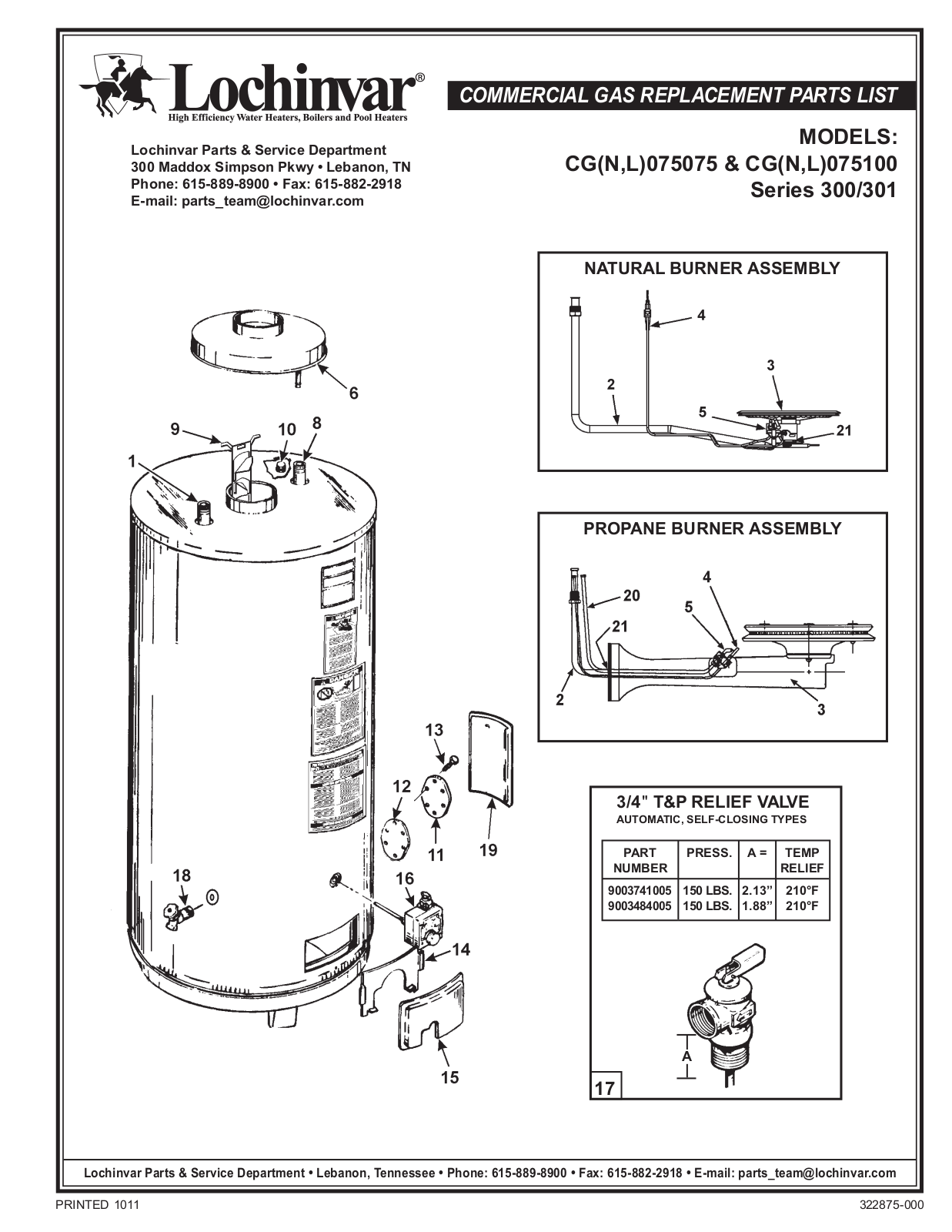 Lochinvar CGL075075 Parts List