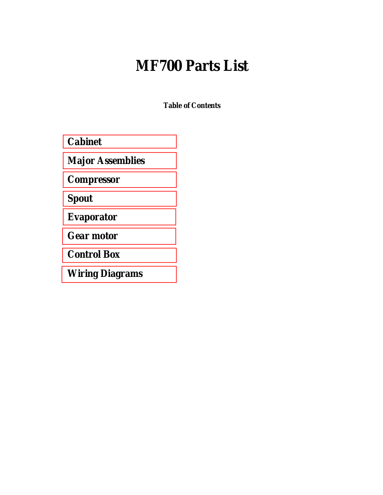 Scotsman MF700 Parts List