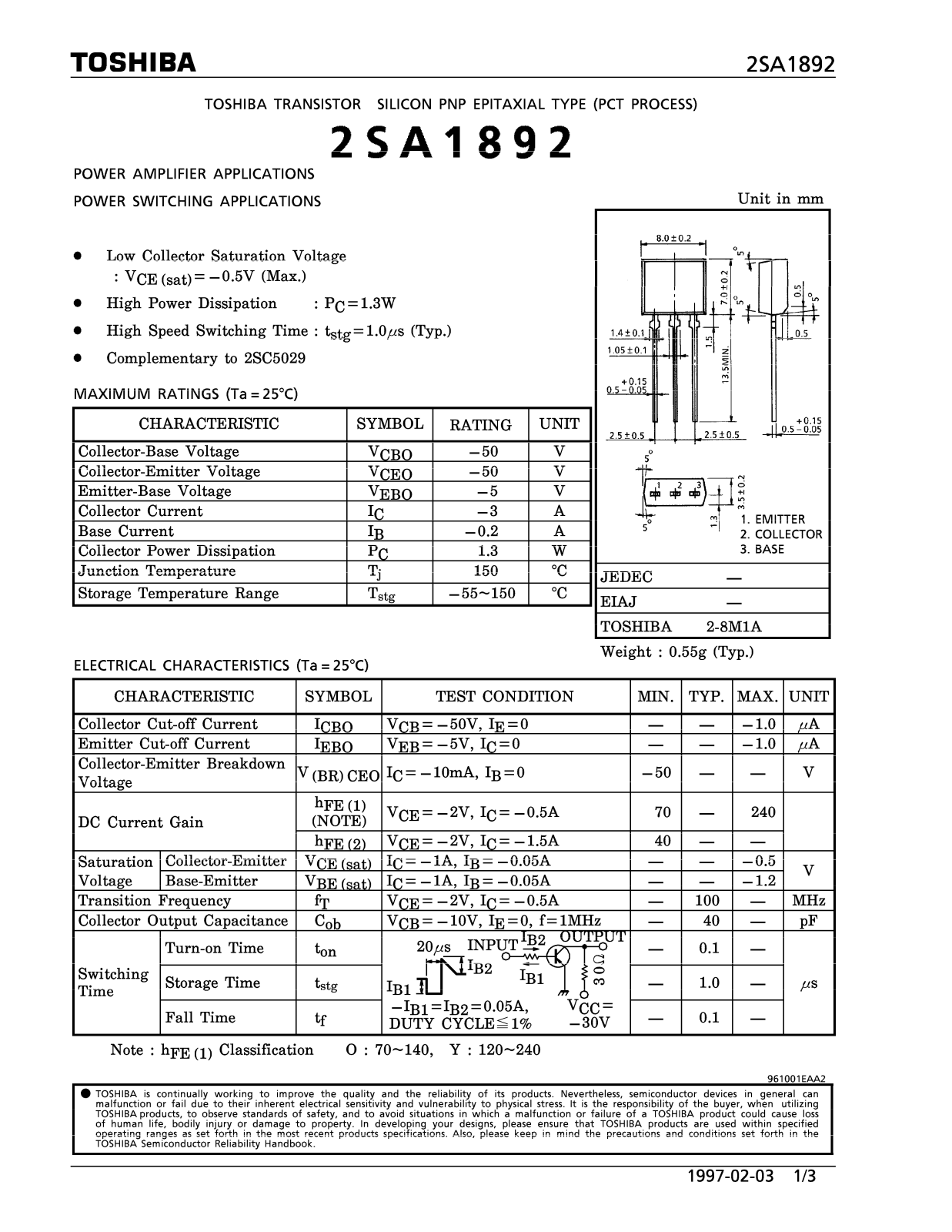 Toshiba 2SA1892 Datasheet