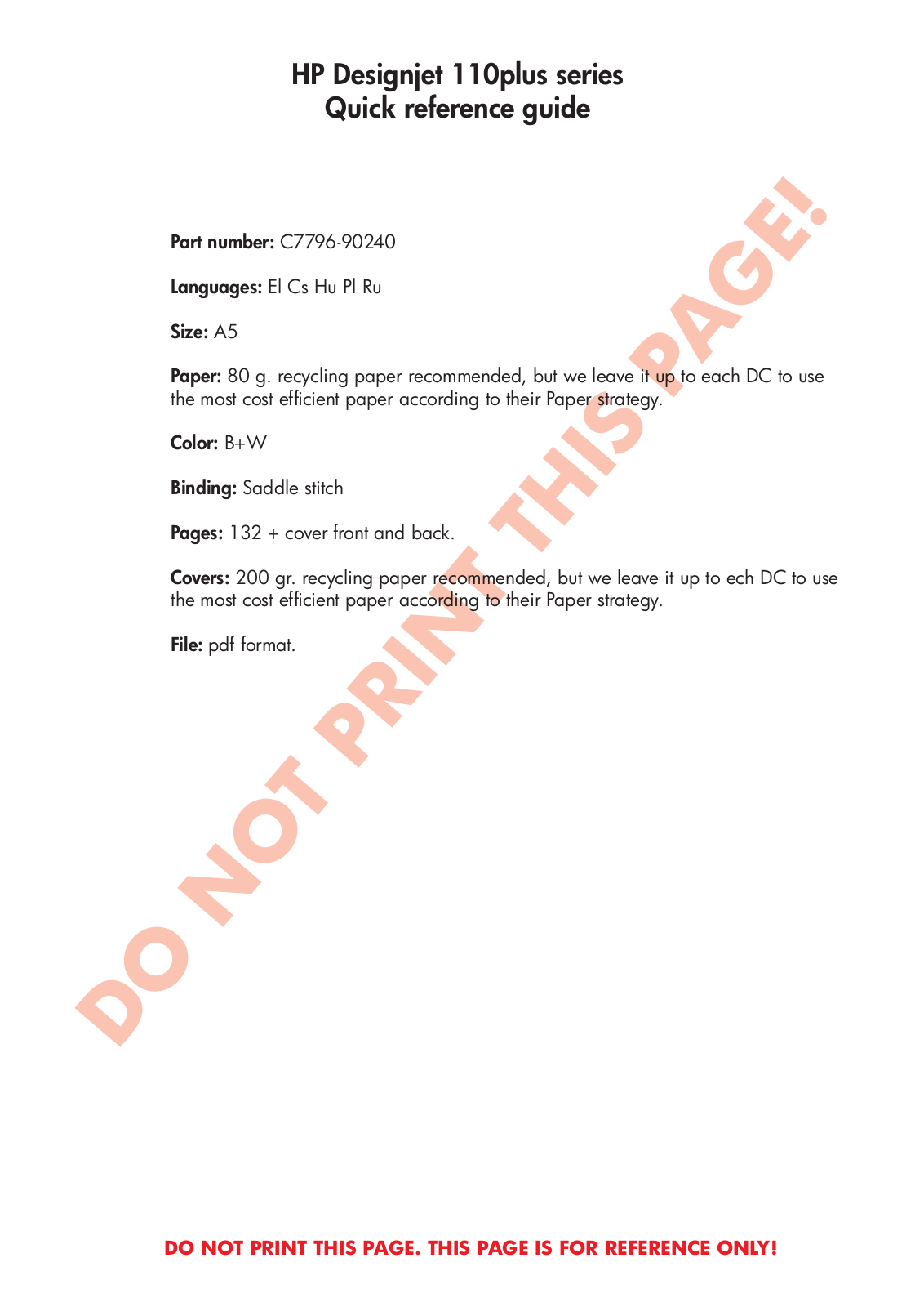 HP Designjet 110 Plus Quick Reference Guide