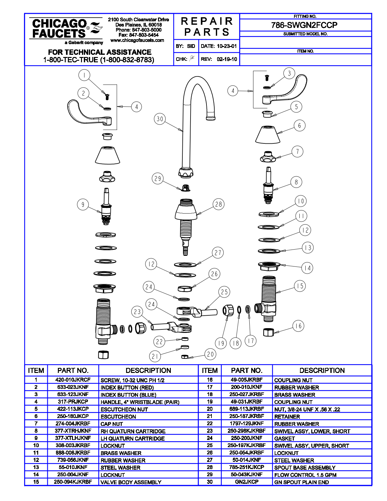 Chicago Faucet 786-SWGN2FCCP Parts List