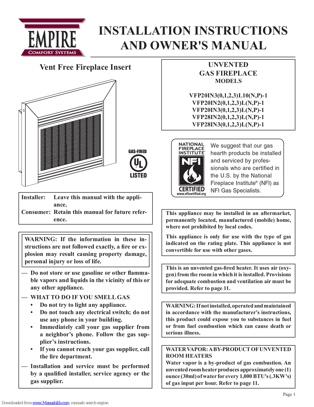 Empire Comfort Systems VFP20IN30L10P-1, VFP20IN31L10N-1, VFP20IN31L10P-1, VFP20IN32L10P-1, VFP20IN33L10P-1 Installation Instructions And Owner's Manual