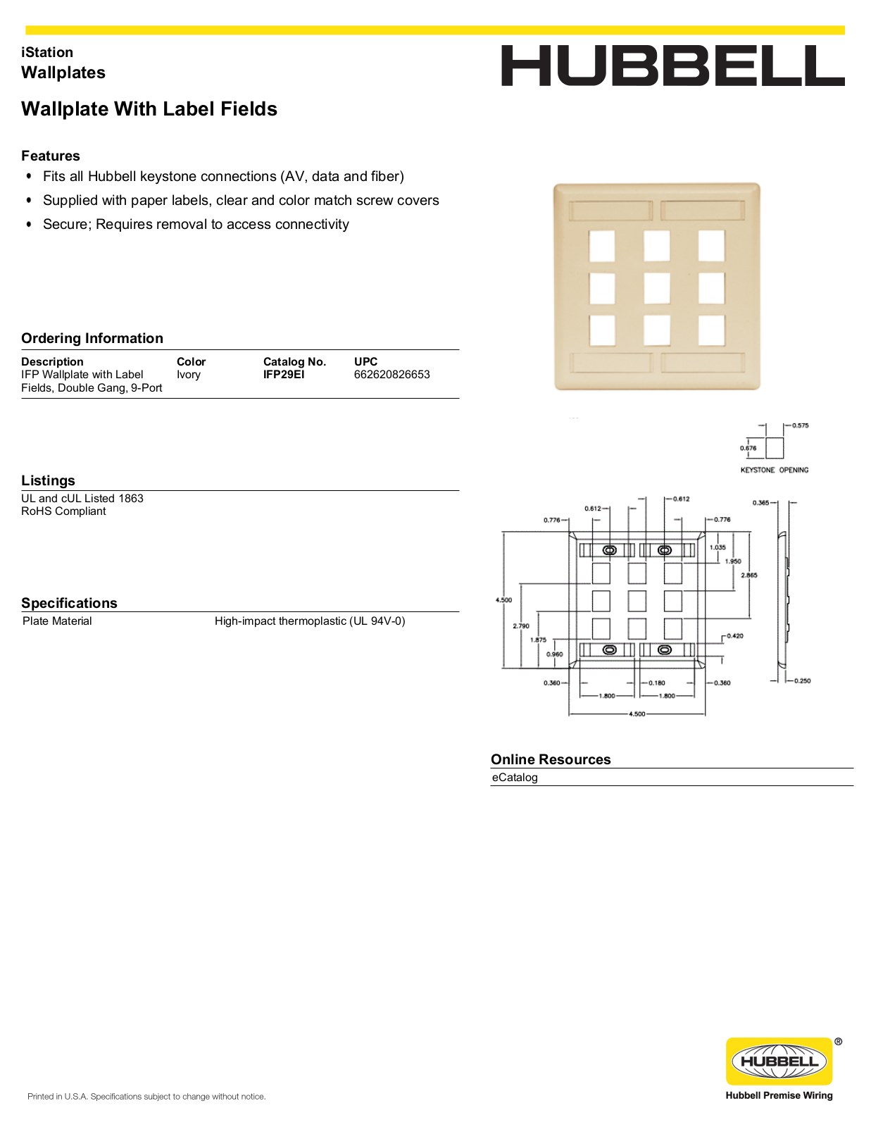 Hubbell IFP29EI Specifications