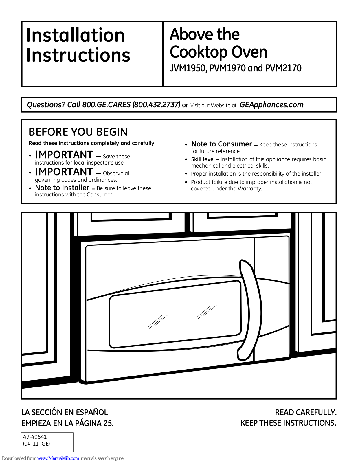 GE JVM1950SRSS, PVM1970SRSS, PVM2170SRSS, JVM1950, PVM1970 Installation Instructions Manual