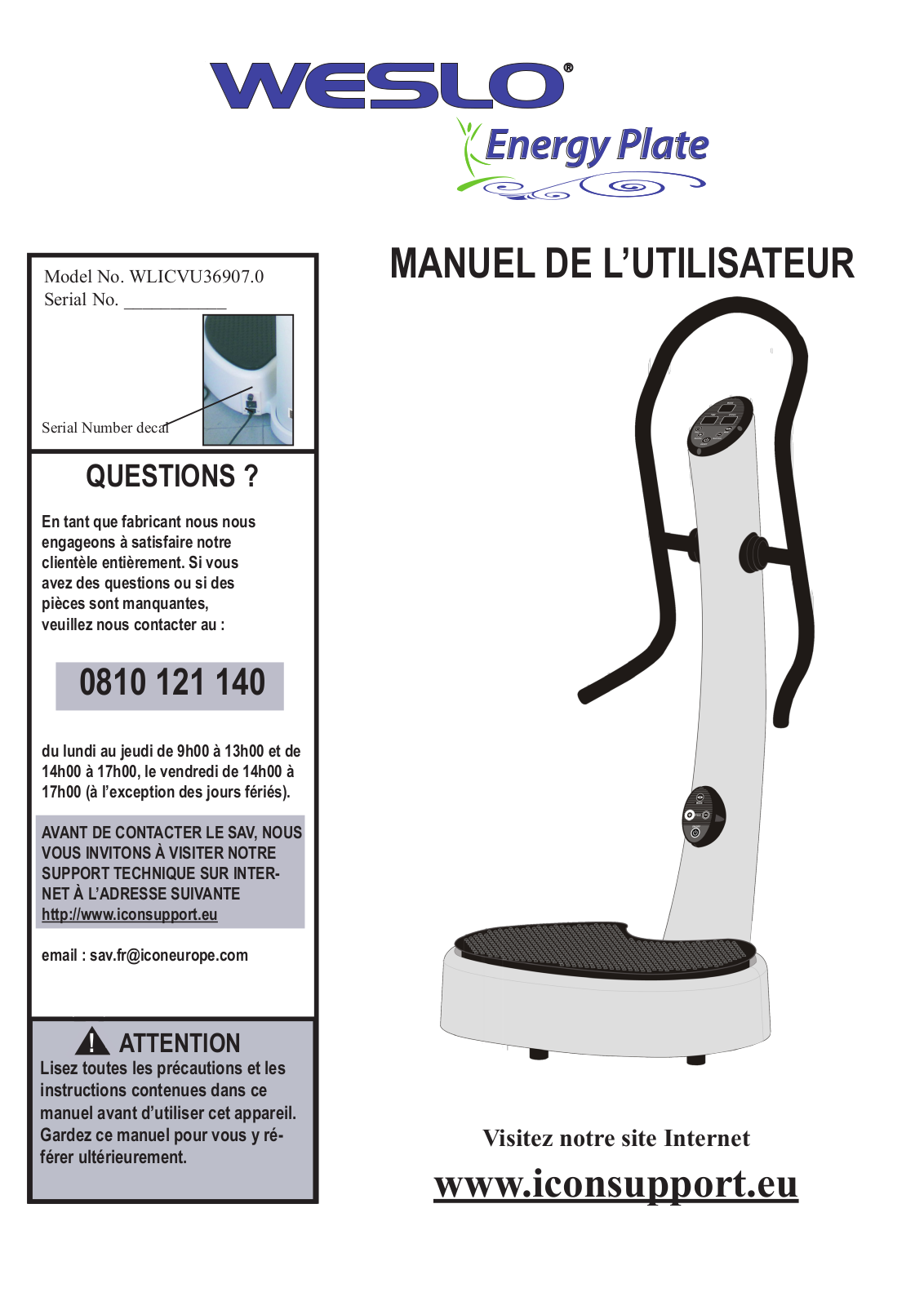 WESLO Energy Plate User Manual