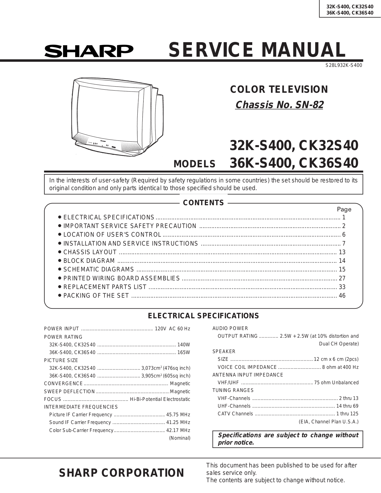 Sharp 36K-S400, CK36S40, 32K-S400, CK32S40 User Manual