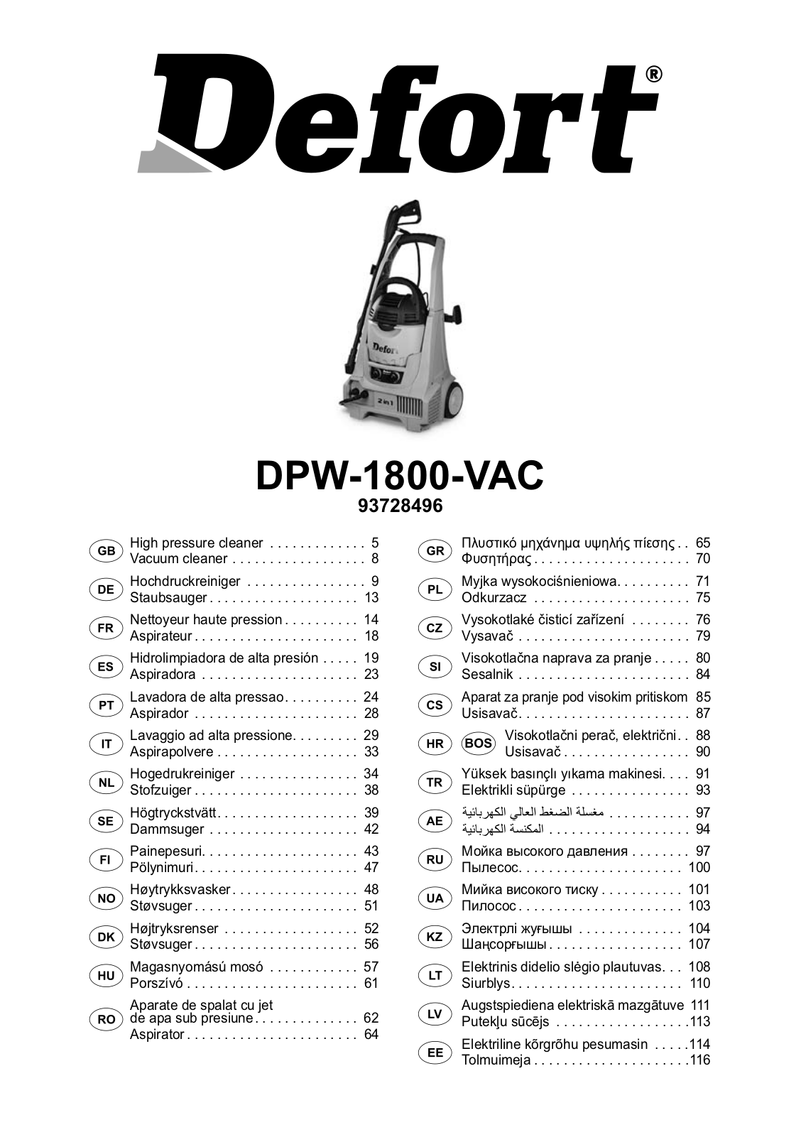 Defort DPW-1800-VAC User Manual