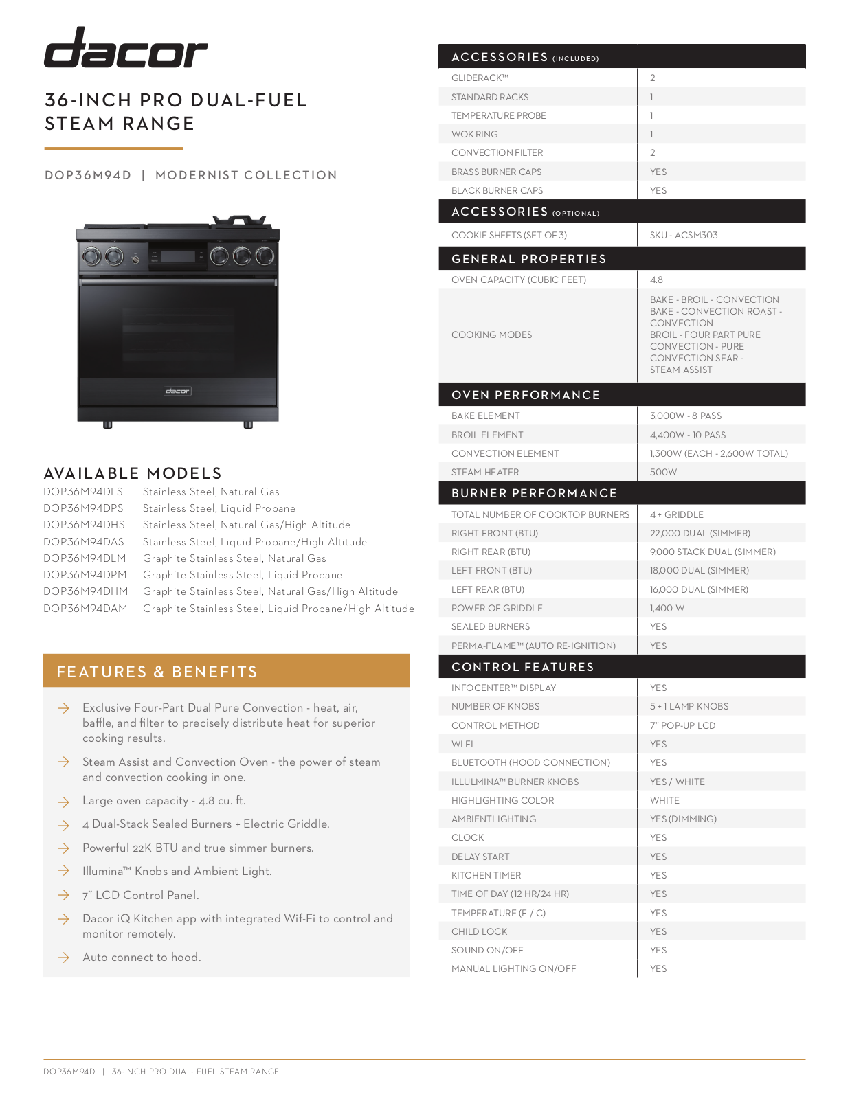 Dacor DOP36M94DLM, DOP36M94DPM, DOP36M94DPS, DOP36M94DAM, DOP36M94DLS Specifications