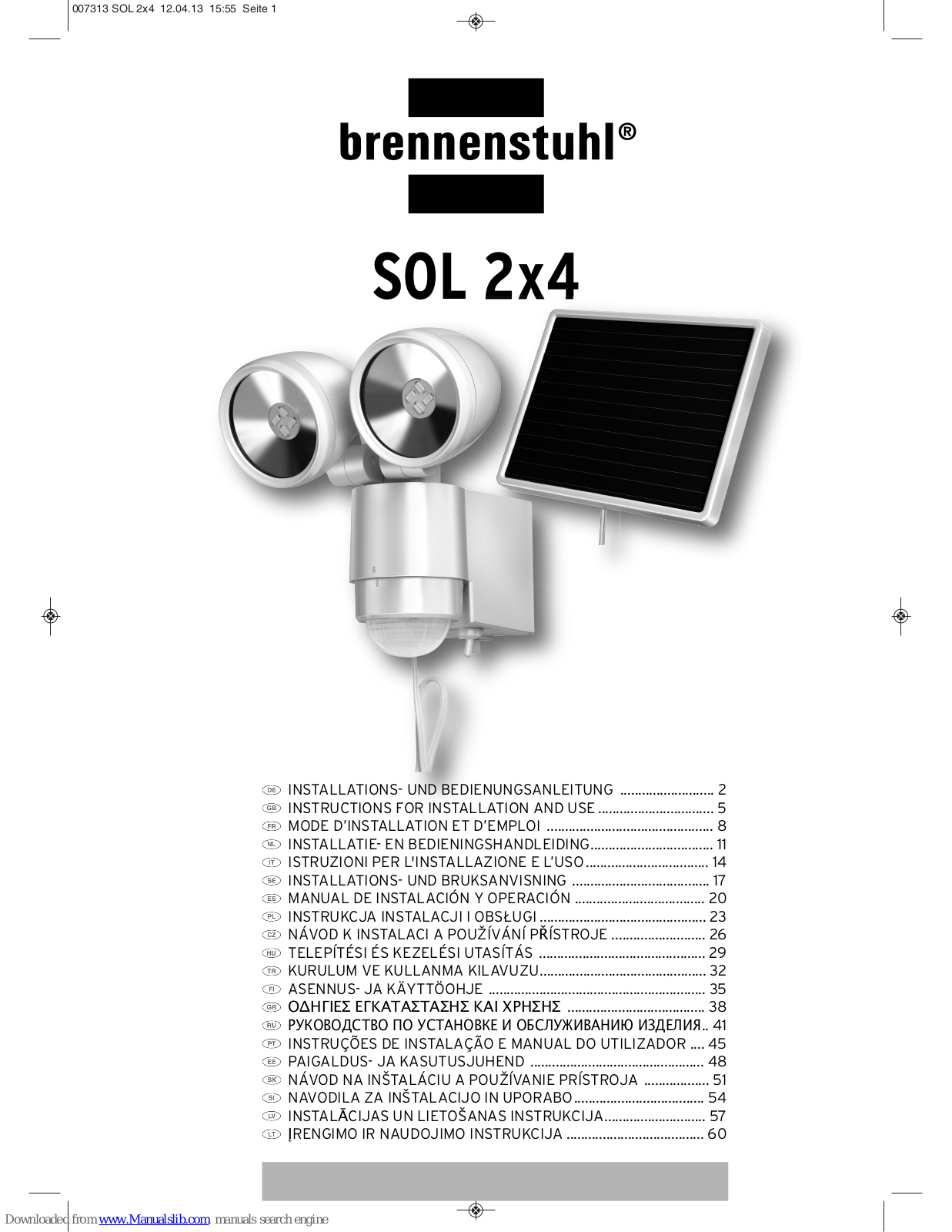 brennenstuhl SOL 2x4 Instructions For Installation And Use Manual