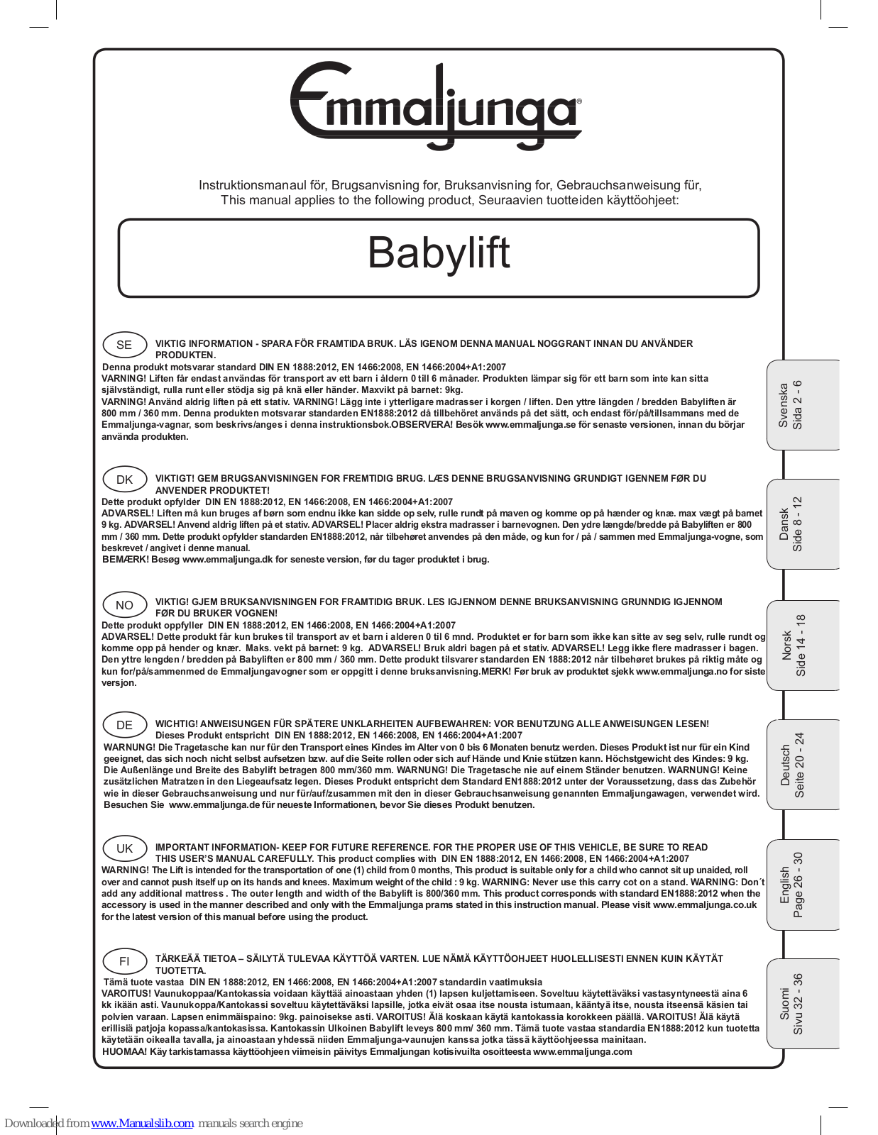 Emmaljunga Babylift Instruction Manual - ManualMachine.com