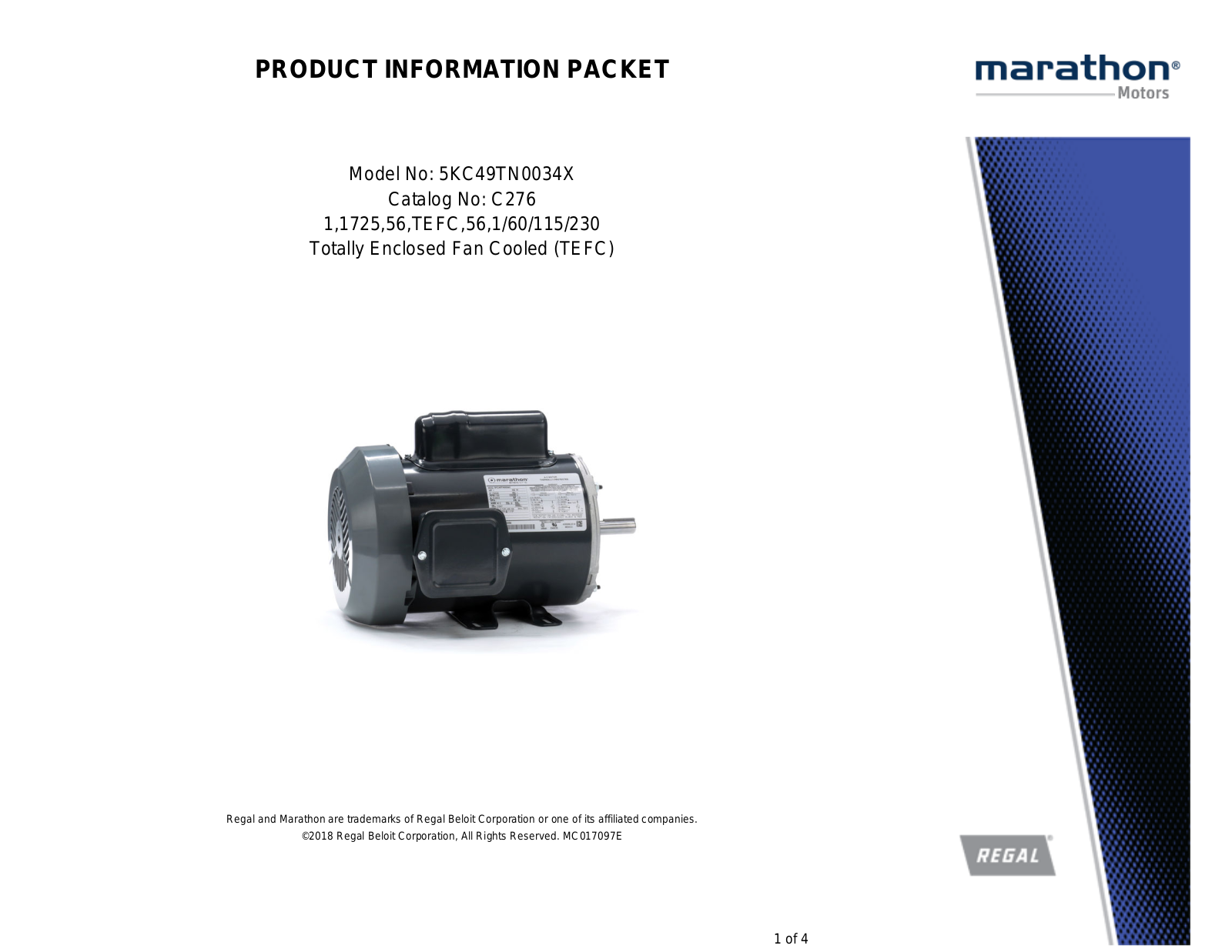 Marathon Electric 5KC49TN0034X Product Information Packet