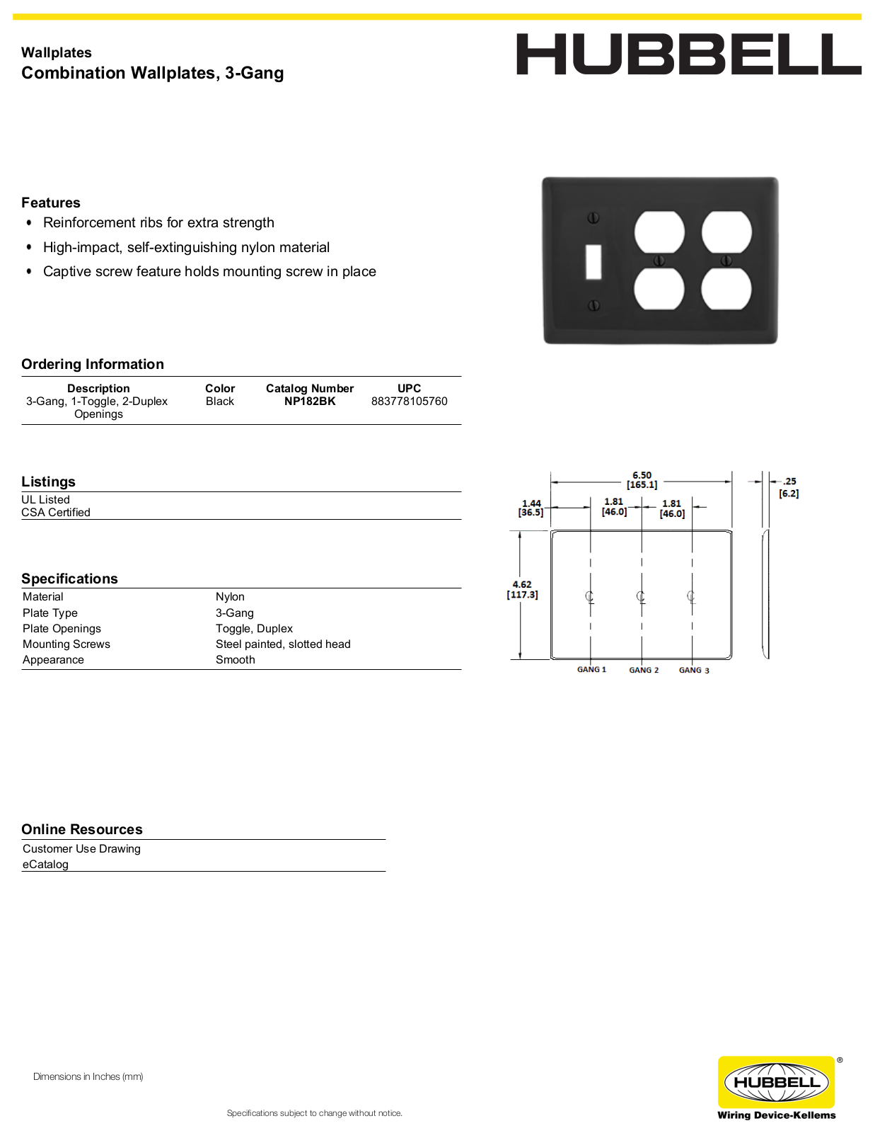 Hubbell NP182BK Specifications