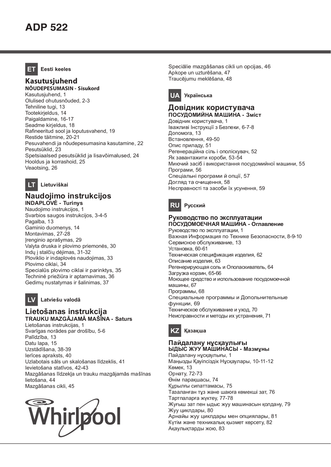 Whirlpool ADP 522 User Manual