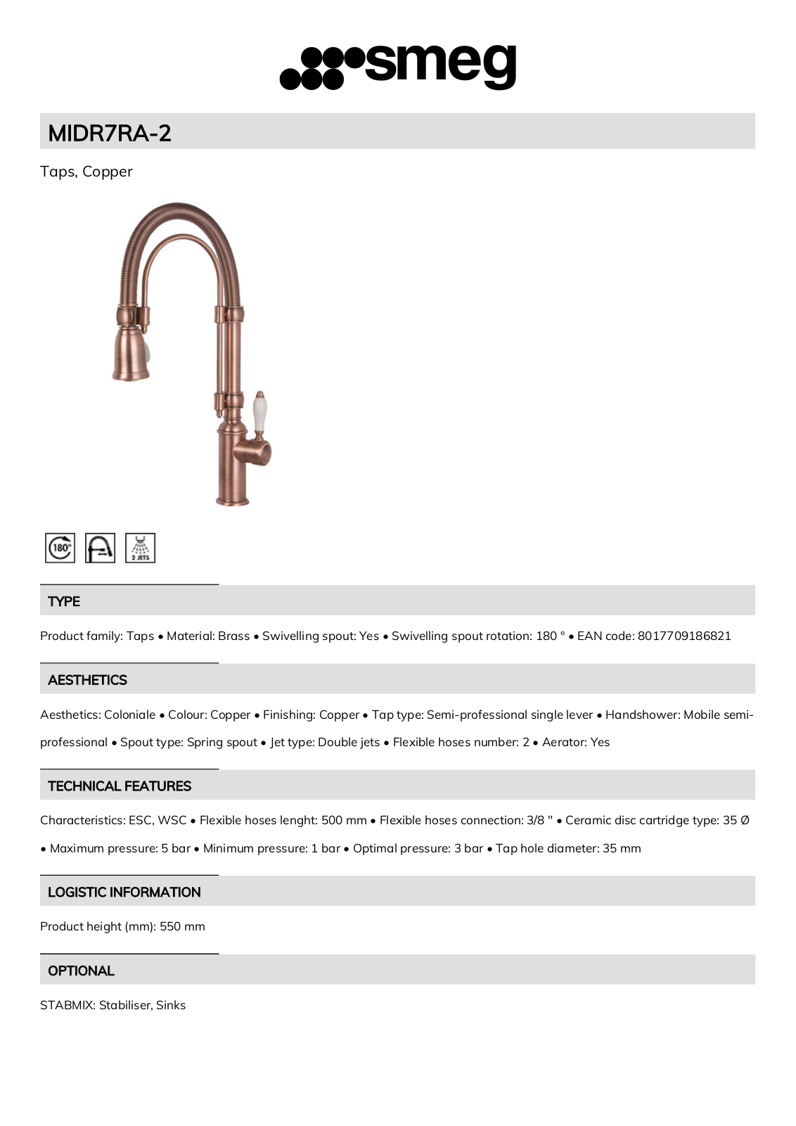 Smeg MIDR7RA-2 Technical sheet