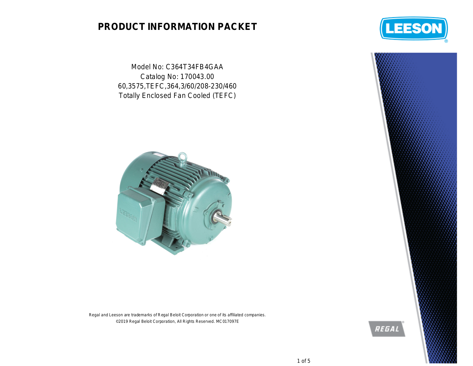 Leeson 170043.00 PRODUCT INFORMATION PACKET