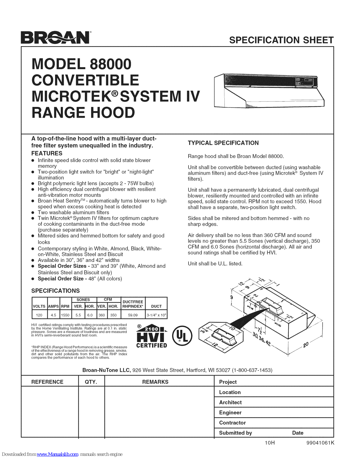 Broan 88000 Specification Sheet - ManualMachine.com
