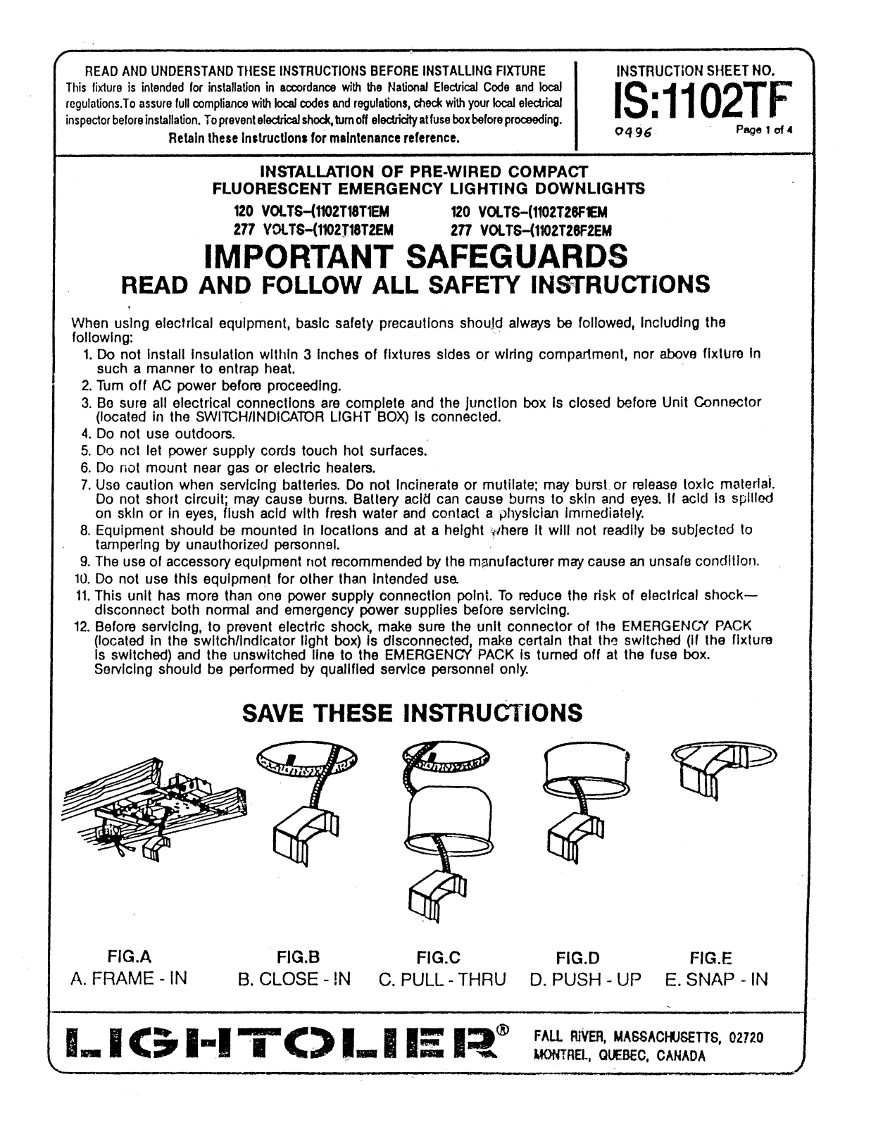 Lightolier 1102TF User Manual