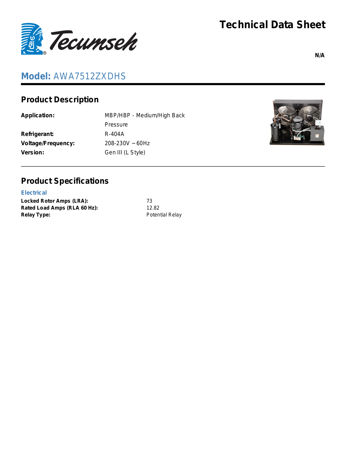 Tecumseh AWA7512ZXDHS Technical Data Sheet