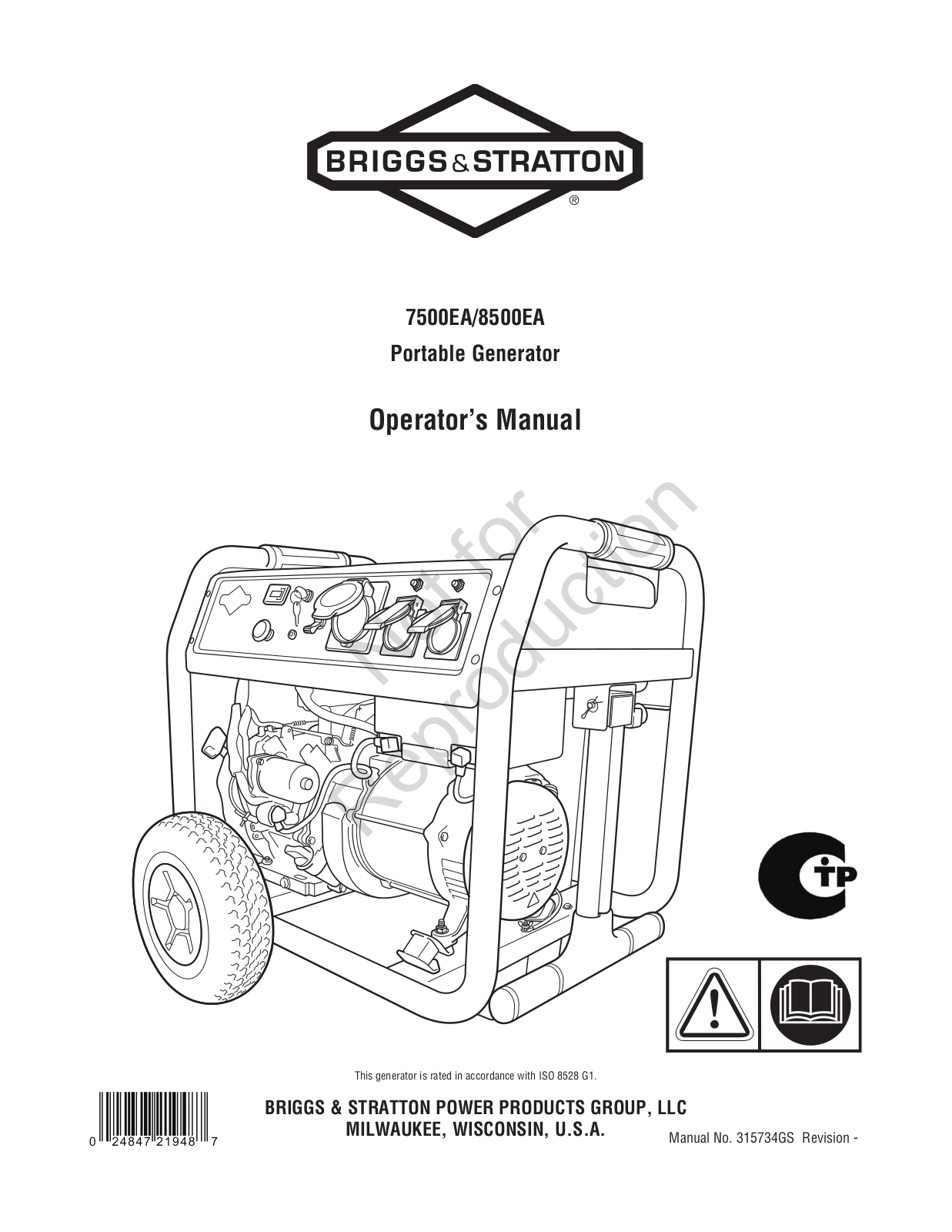 Briggs & Stratton 7500EA, 8500EA, 3750A, 6250A Operator's Manual