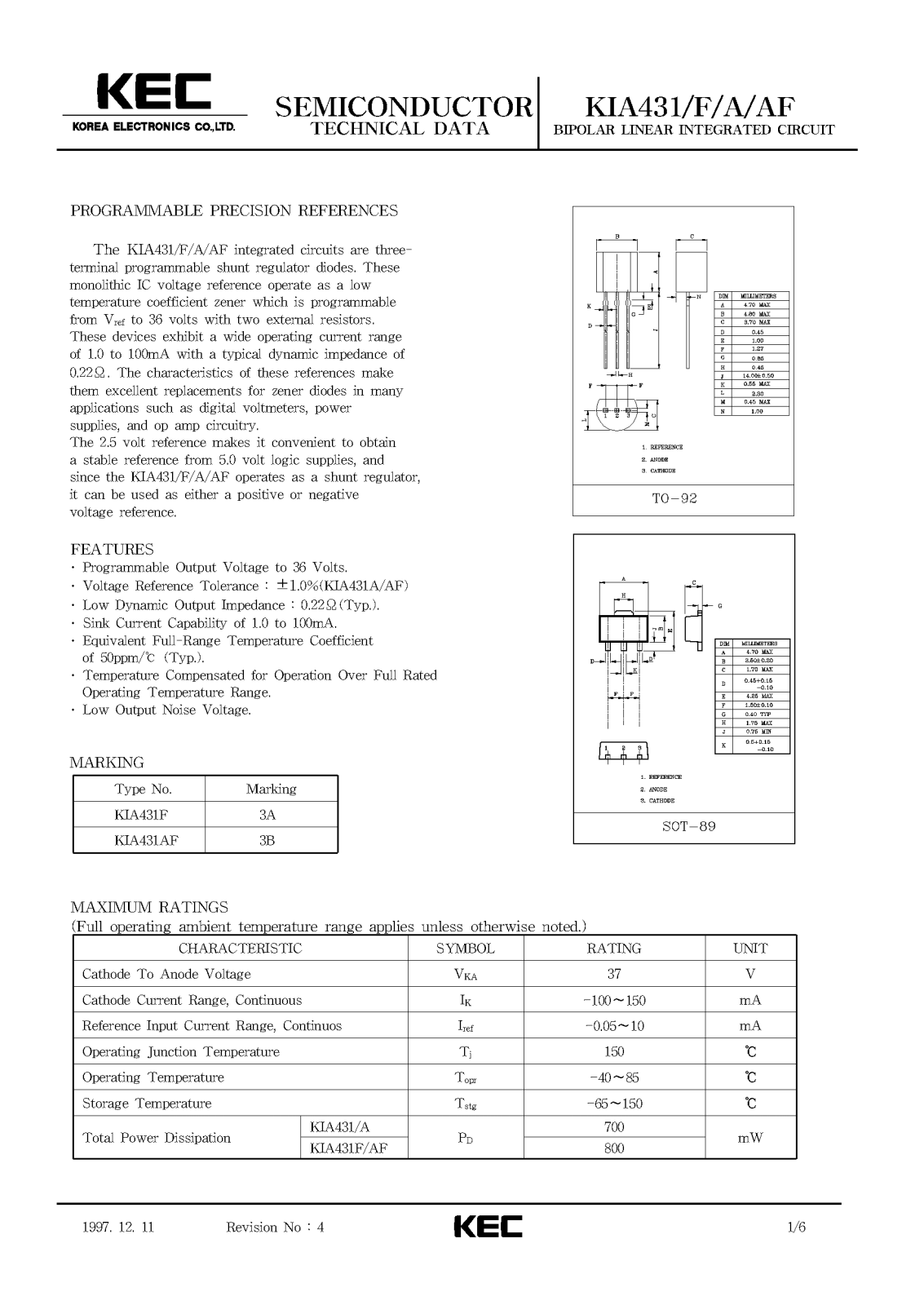 KEC KIA431AF, KIA431A, KIA431, KIA431F Datasheet