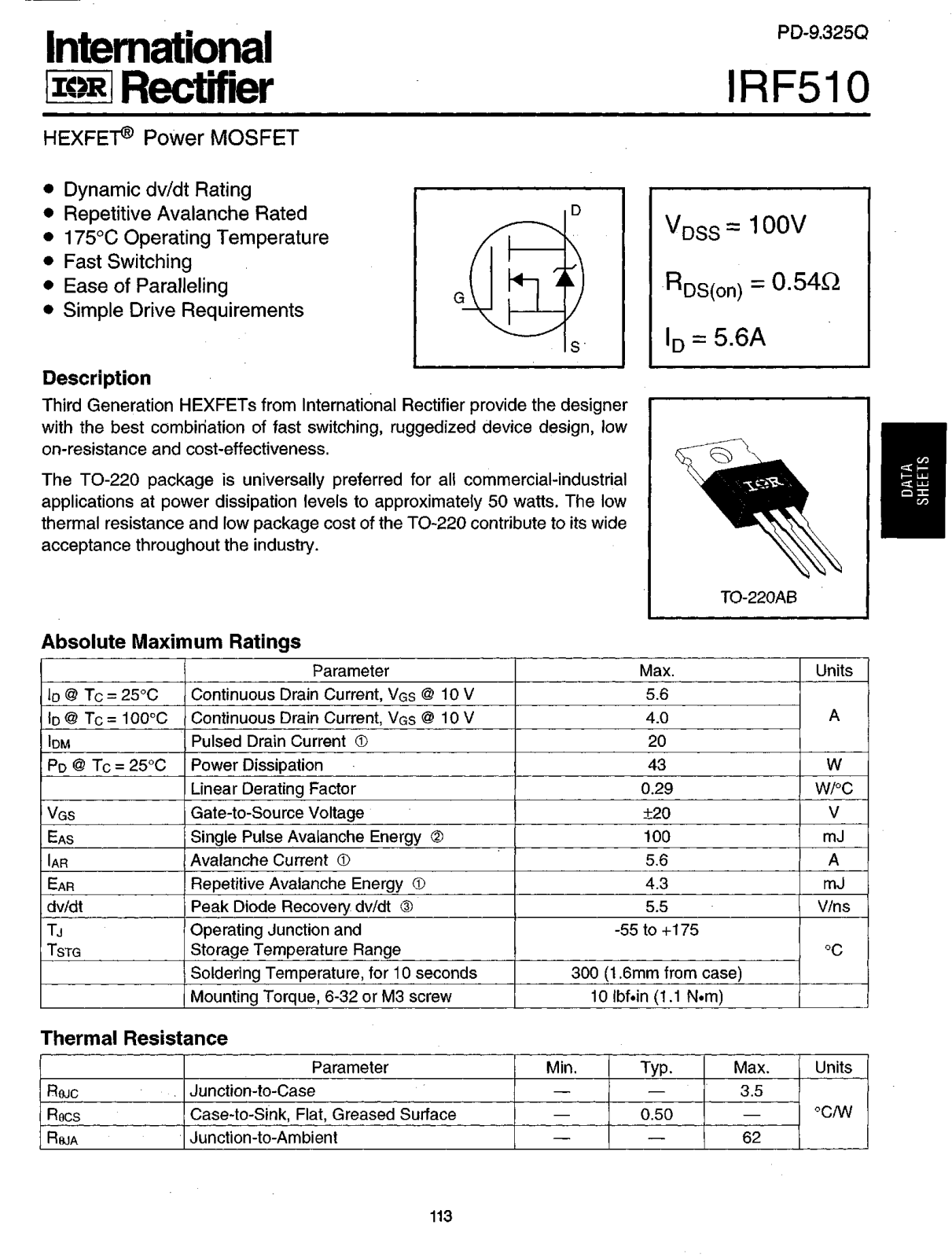 International Rectifier IRF510 Datasheet