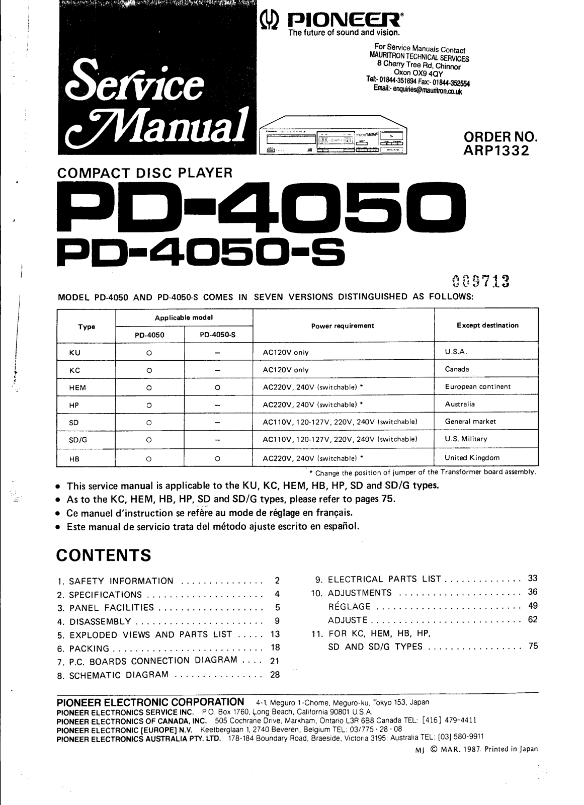 Pioneer PD-4050-S, PD-4050 Service manual