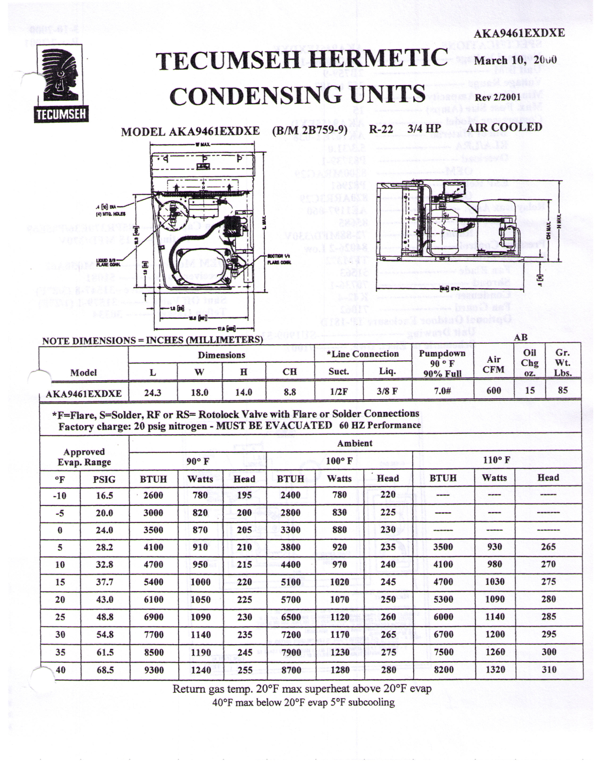 Tecumseh AKA9461EXDXE Performance Data Sheet