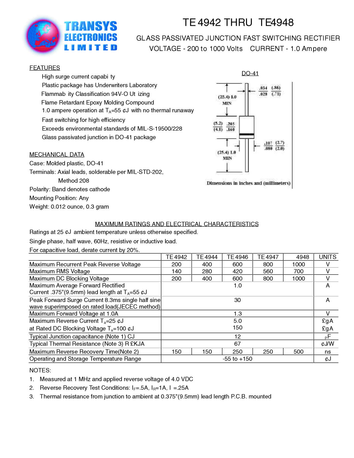 TEL TE4947, TE4946, TE4944, TE4942, TE4948 Datasheet