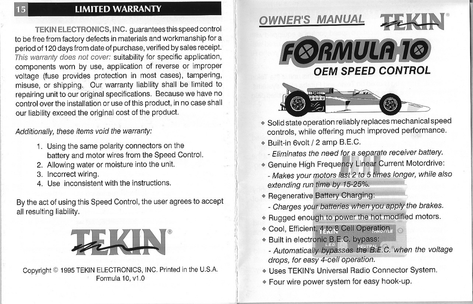 Tekin Formula 100 Owner's Manual