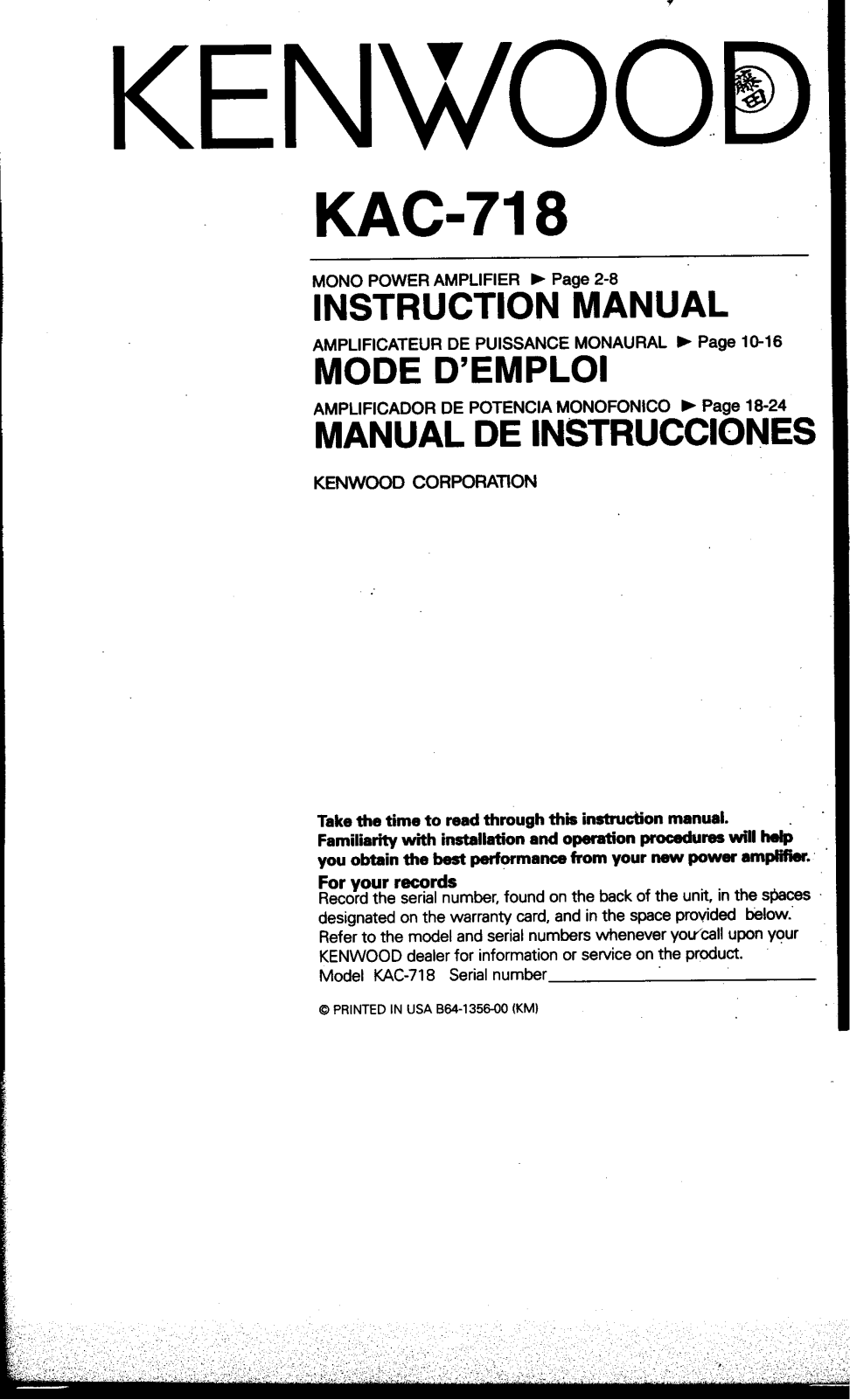 Kenwood KAC-718 Owners Manual