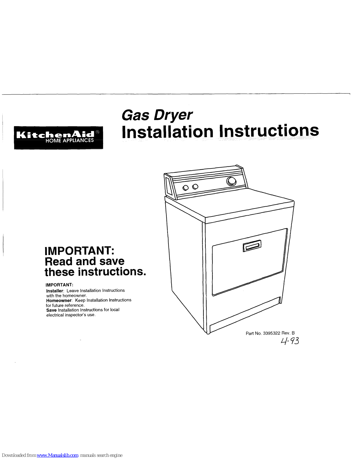 KitchenAid Gaz dryer 3395322 Installation Instructions Manual - ManualMachine.com