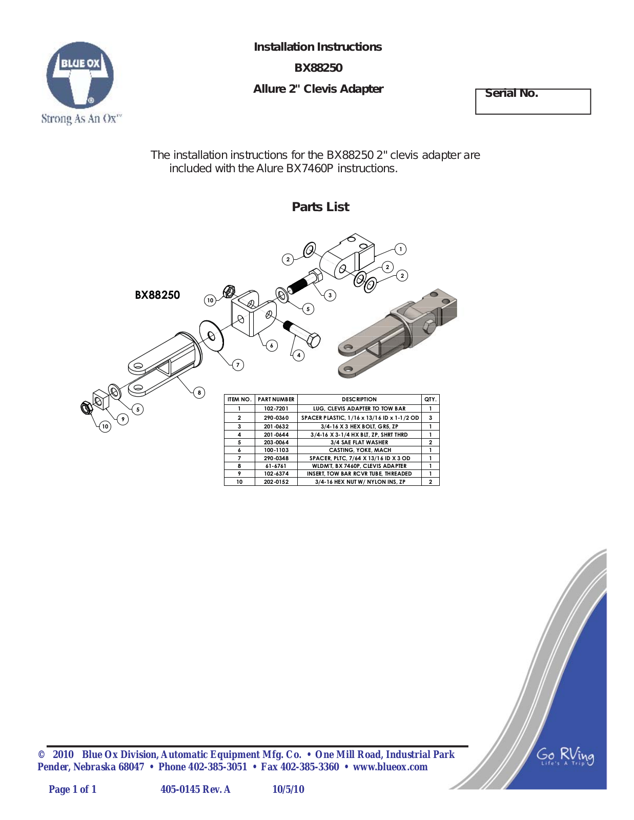 Blue Ox BX88250 User Manual