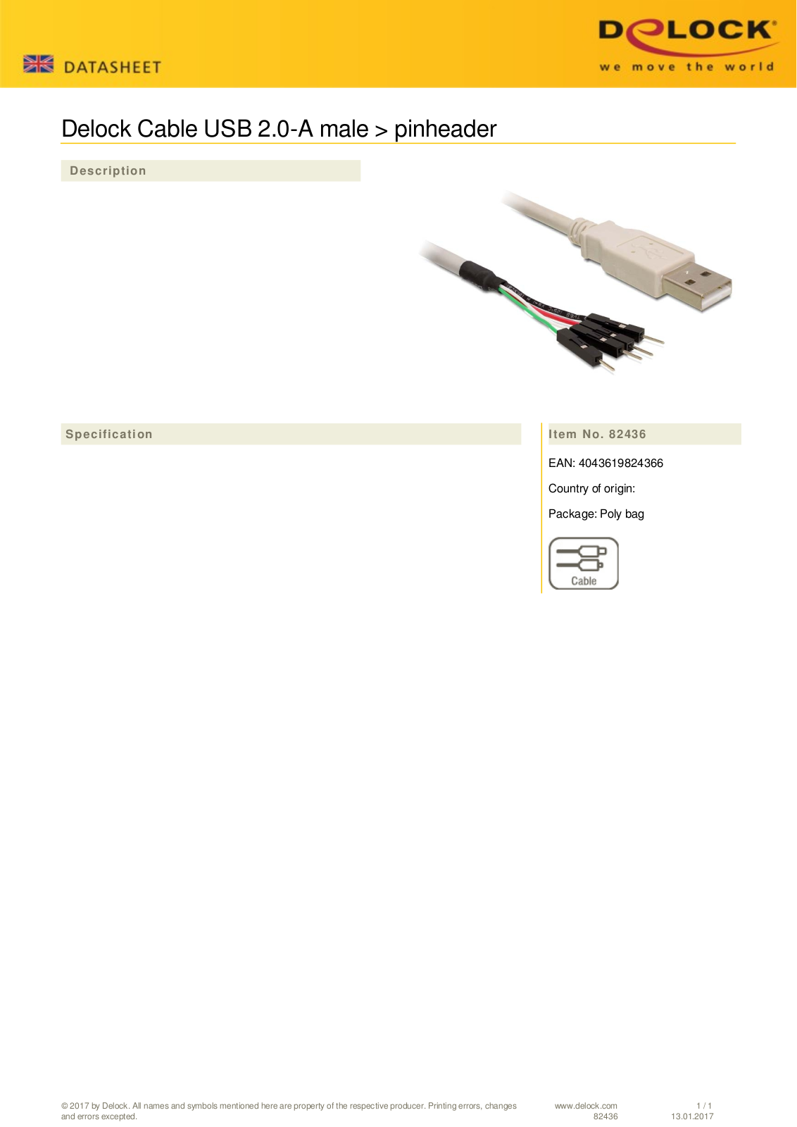 DeLOCK USB 2.0 Kabel A-Stecker-Pfostenstecker 0.4m User Manual