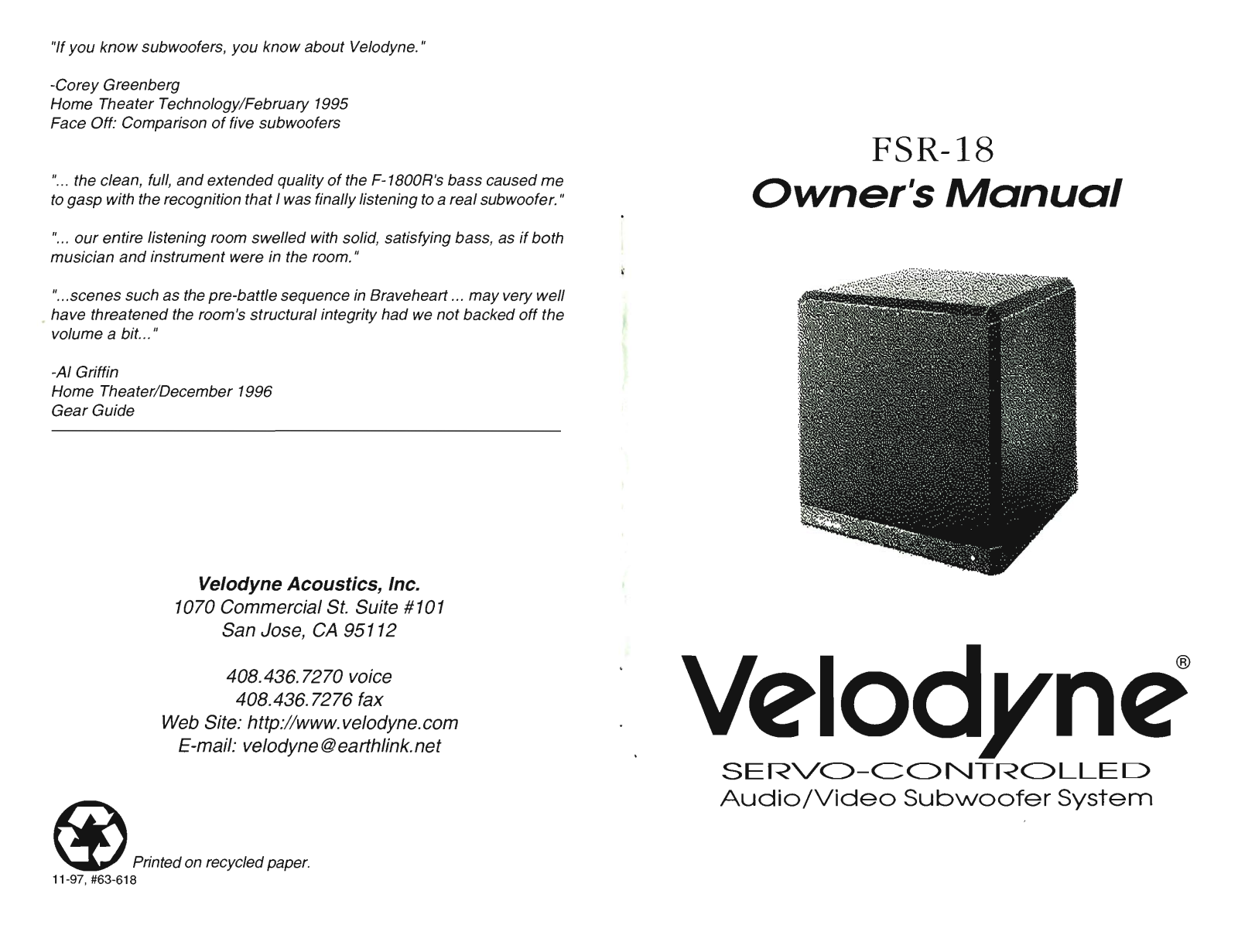 Velodyne Acoustics FSR-18 Owners manual