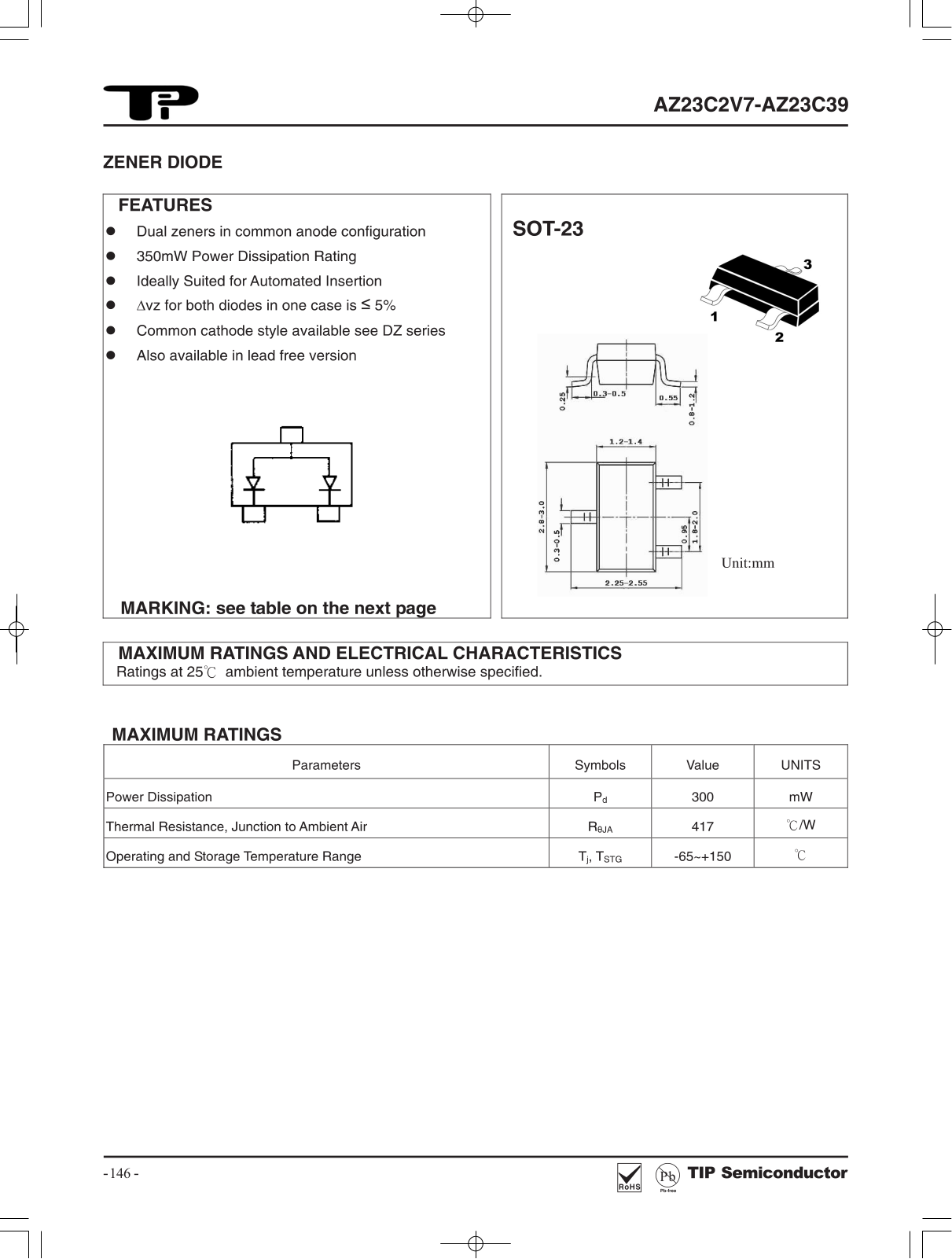 TIP AZ23C10, AZ23C11, AZ23C12, AZ23C13, AZ23C15 Schematic