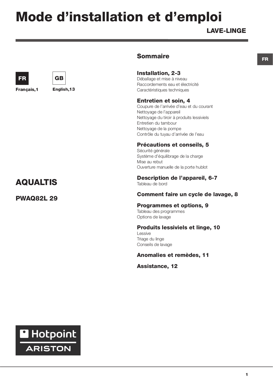 HOTPOINT PWAQ82L 29 FR User Manual