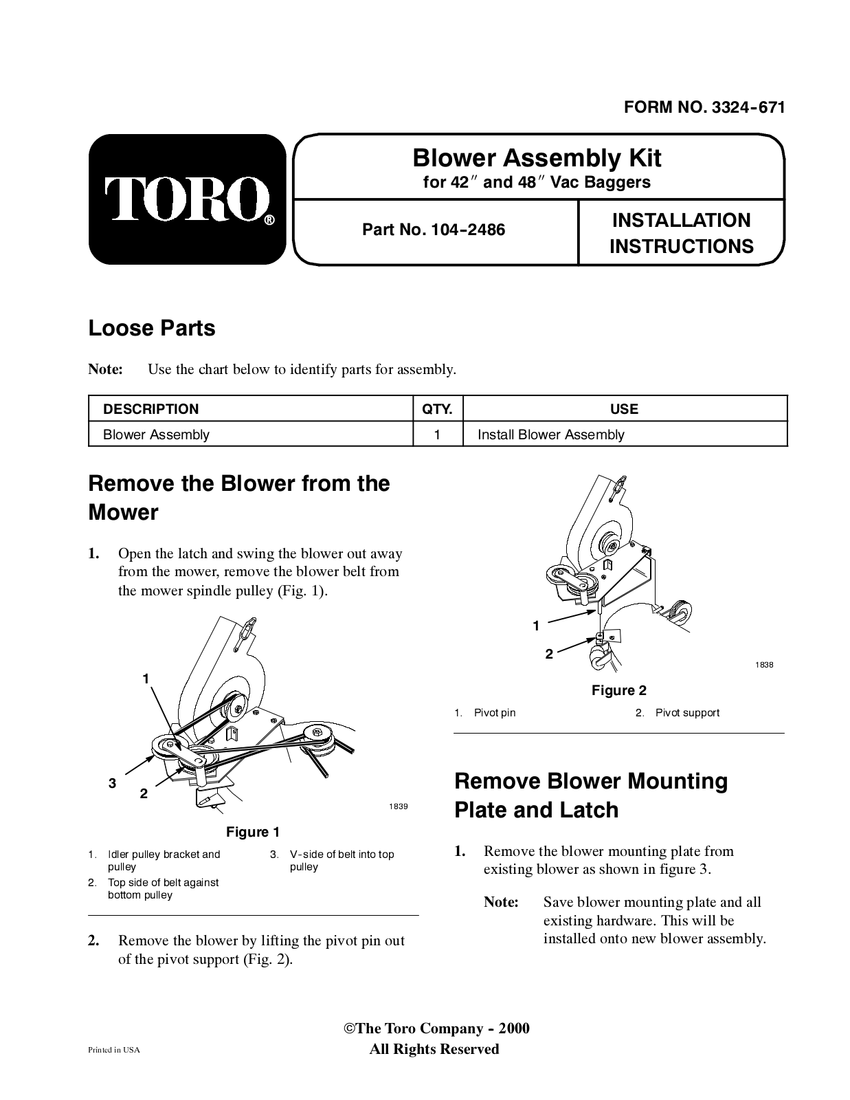 Toro 104-2486 Installation Instructions