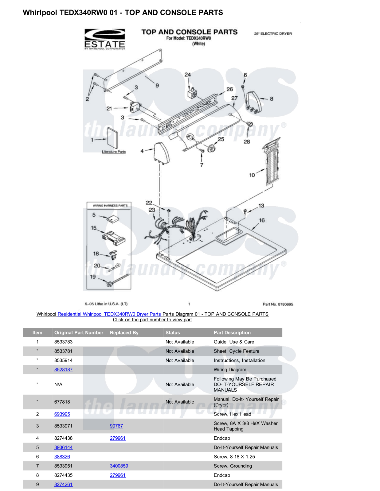 Whirlpool TEDX340RW0 Parts Diagram