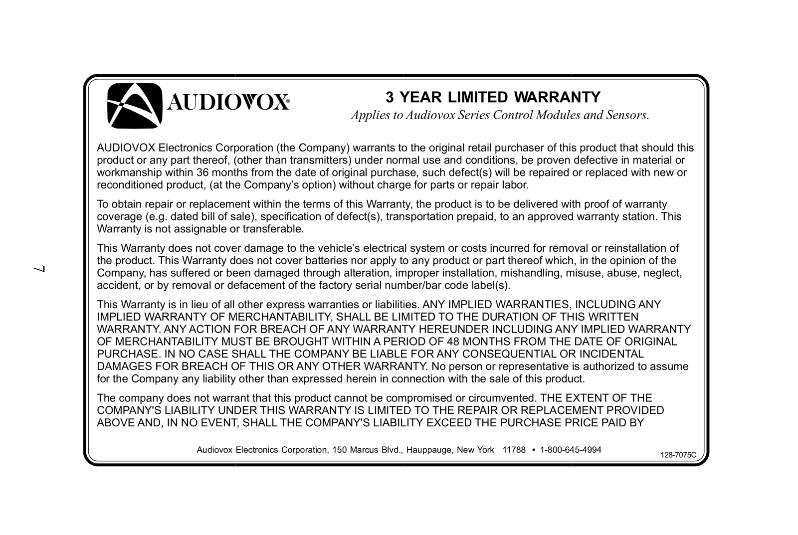 Audiovox LCDM40 Warranty Card