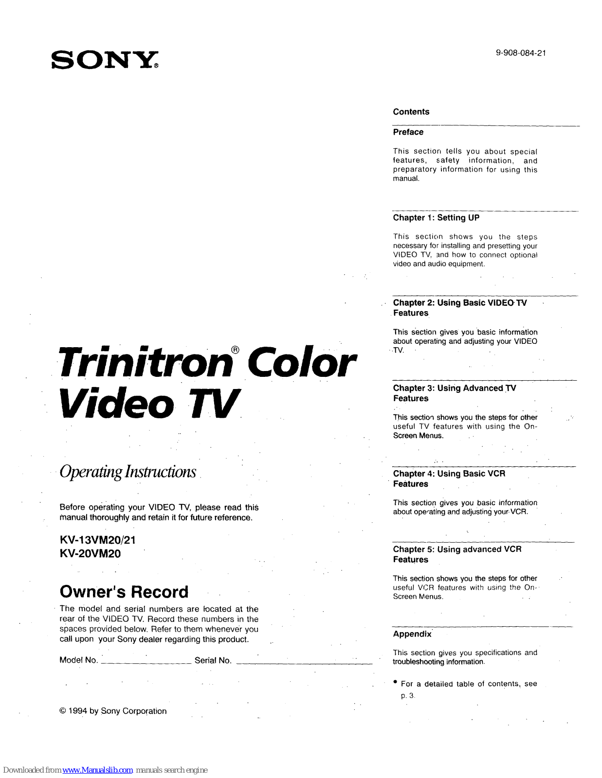 Sony Trinitron KV-13VM21, Trinitron KV-20VM20, Trinitron KV-13VM20 Operating Instructions Manual - ManualMachine.com