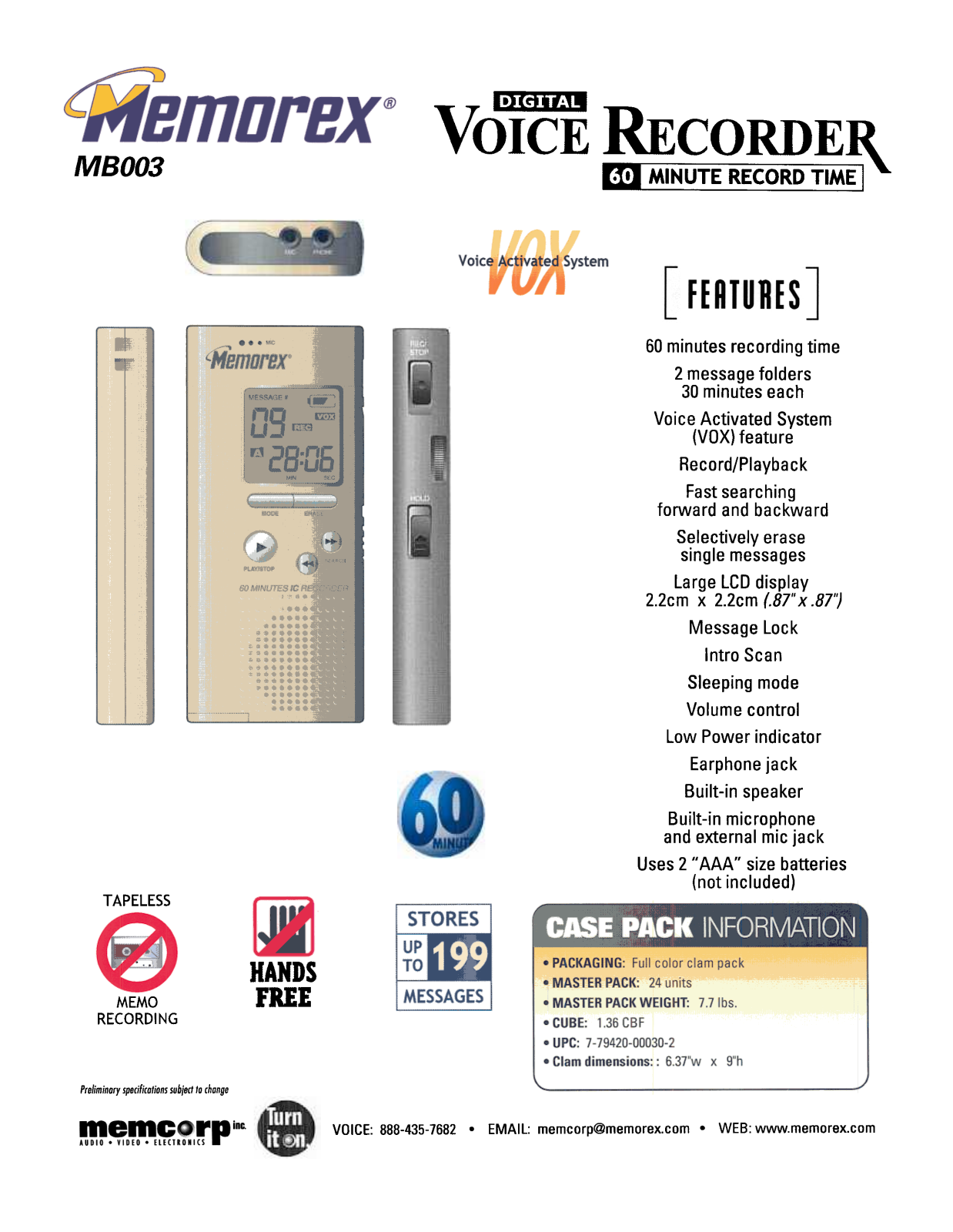 Memorex MB003 specifications