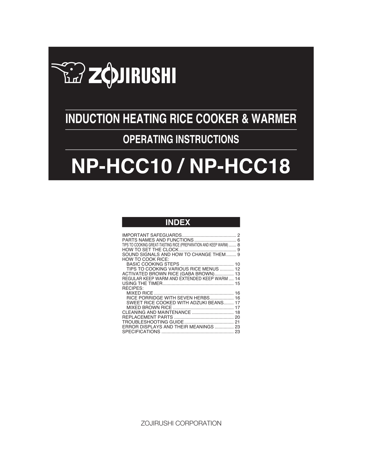 Zojirushi NP-HCC18 User Manual