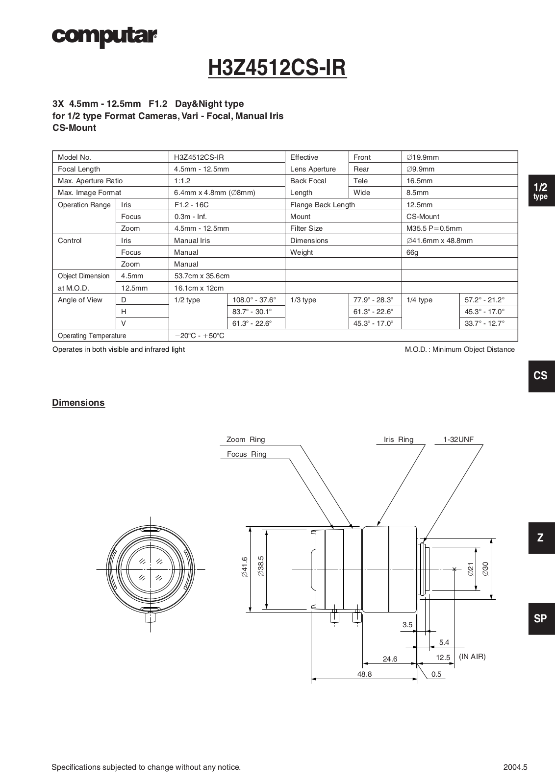 Computar H3Z4512CS-IR Specsheet